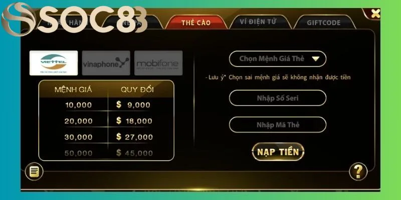 Hướng dẫn các bước nạp tiền vào SOC88 qua phương thức thẻ cào Hướng dẫn các bước nạp tiền vào SOC88 qua phương thức thẻ cào